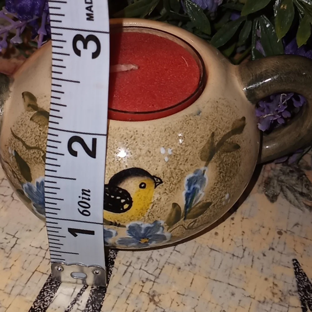 HAND PAINTED STONEWARE MINI TEA POT WITH A LITTLE FINCH WITH T'LITE - Picture 14 of 15